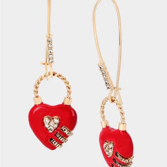 Betsy Johnson Red•Gold tone•Heart Padlock Earrings - Picture 2 of 5